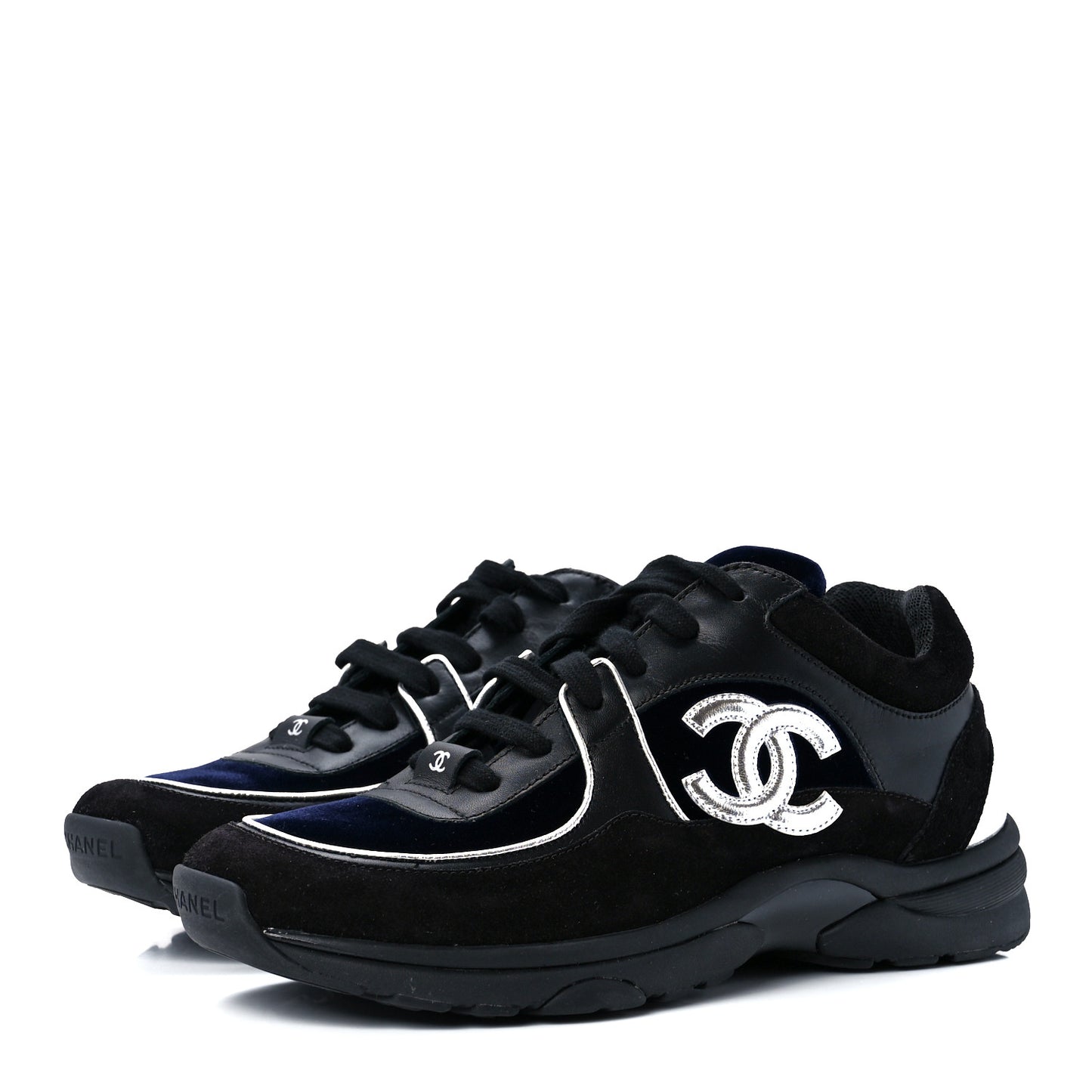 Suede Velvet Lambskin CC Sneakers 37.5 Black Blue Silver