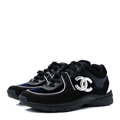 Chanel Suede Velvet Lambskin CC Sneakers 37.5 Black Blue Silver 3 of 9