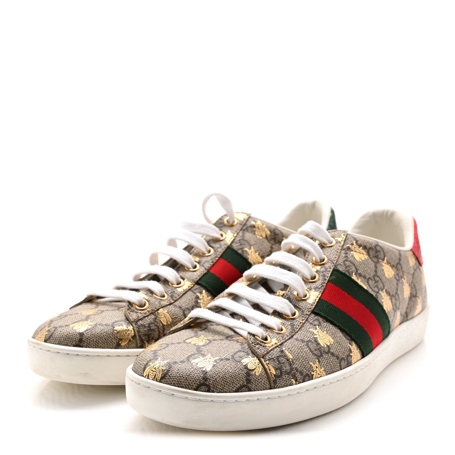 Gucci GG Supreme Monogram Bees Ayers Web Womens Ace Sneakers 38.5 Beige Oro Green Red 3 of 10