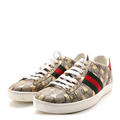 Gucci GG Supreme Monogram Bees Ayers Web Womens Ace Sneakers 38.5 Beige Oro Green Red 3 of 10