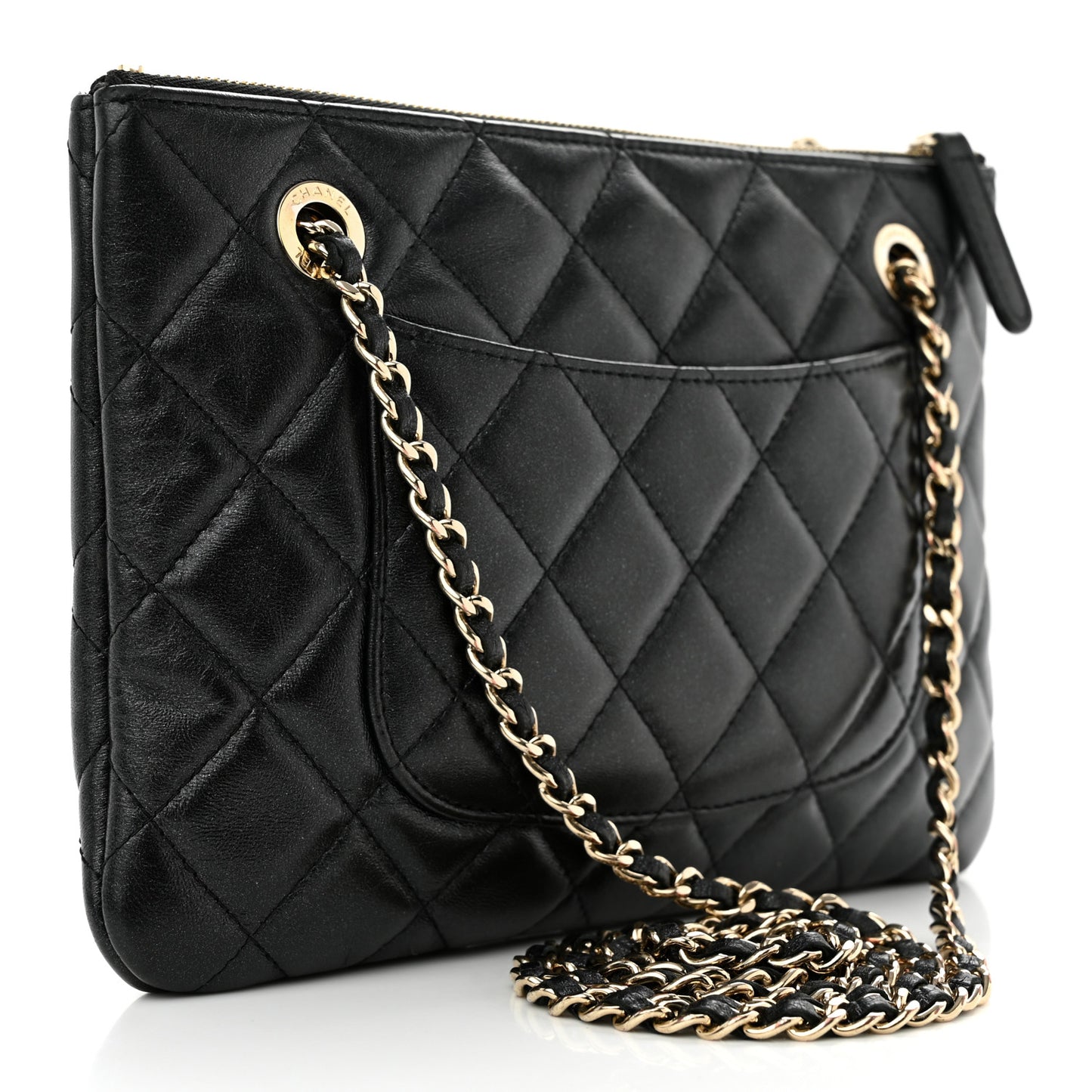 Shiny Lambskin Quilted Medium Double Case With Strap Black