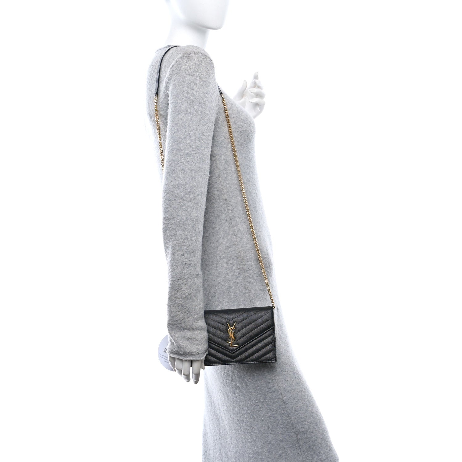 Saint Laurent Grain De Poudre Matelasse Chevron Monogram Envelope Chain Wallet Black 2 of 9