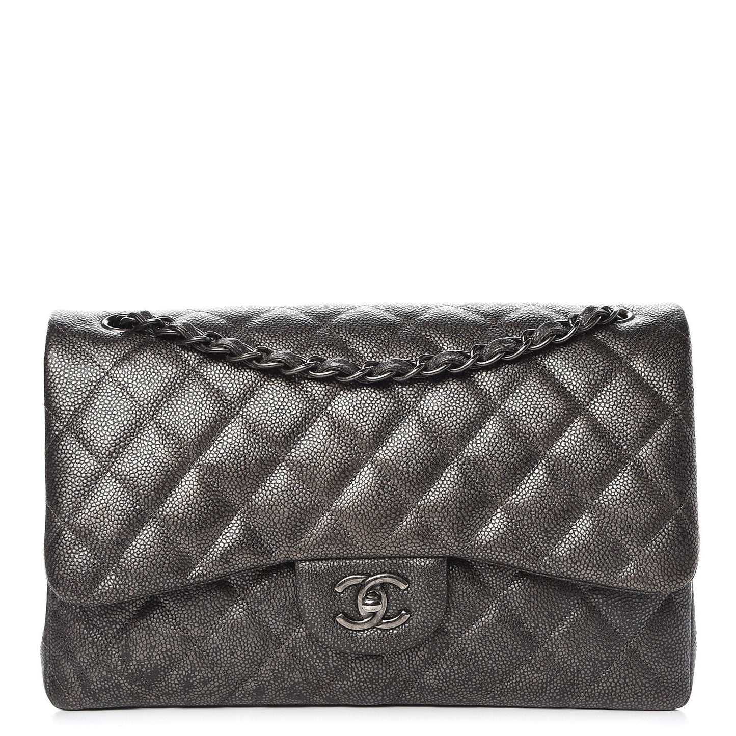 Metallic Caviar Quilted Jumbo Double Flap Dark Silver