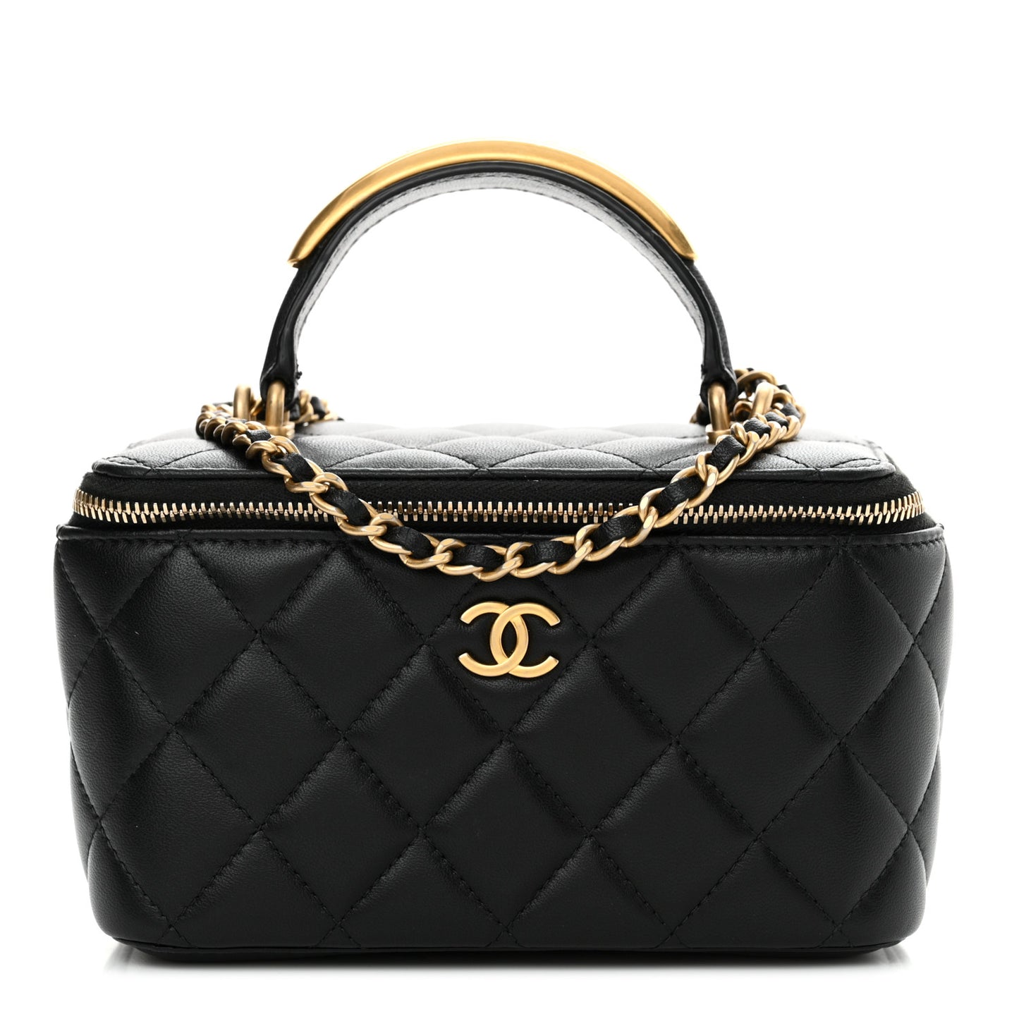 Lambskin Quilted Metal Small Top Handle Vanity Case With Chain Black