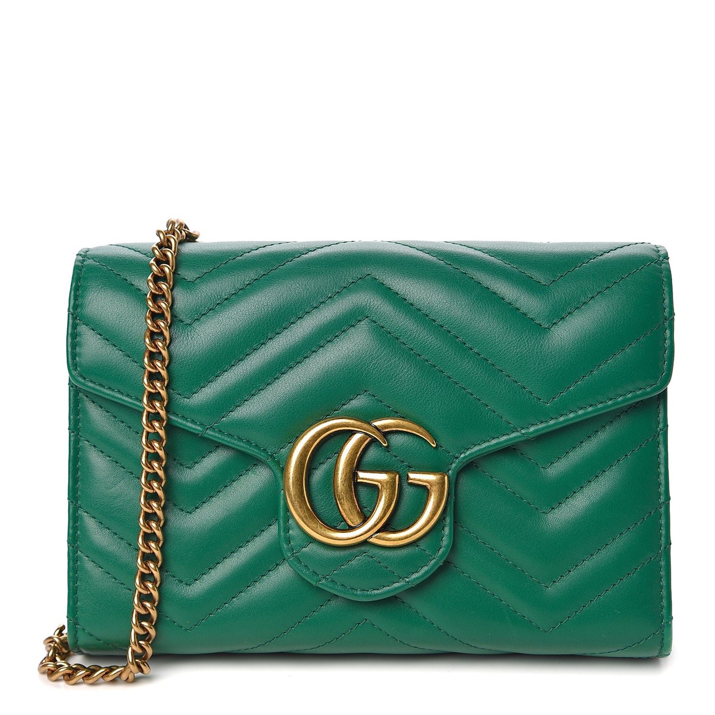 Calfskin Matelasse GG Marmont Chain Wallet Emerald Green