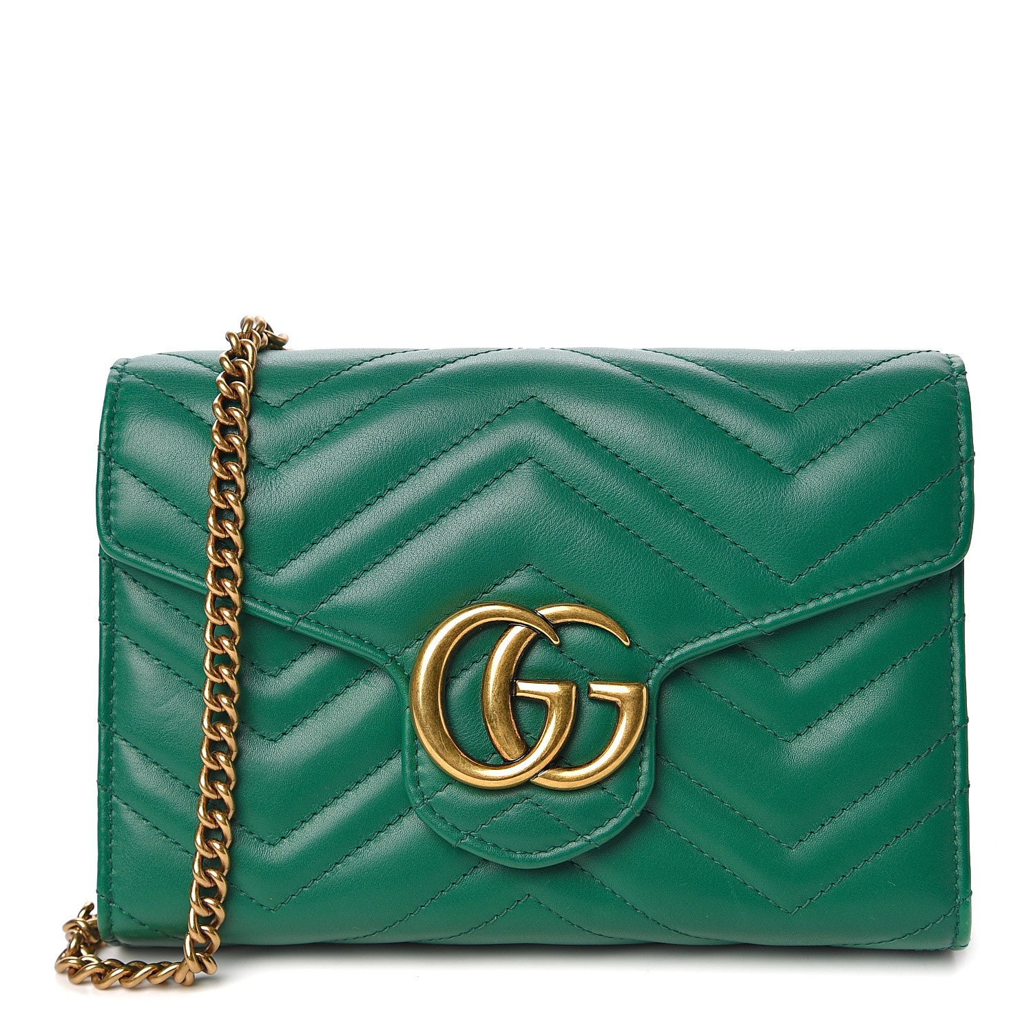 Gucci Calfskin Matelasse GG Marmont Chain Wallet Emerald Green 1 of 10