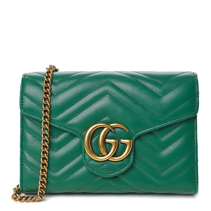Gucci Calfskin Matelasse GG Marmont Chain Wallet Emerald Green 1 of 10