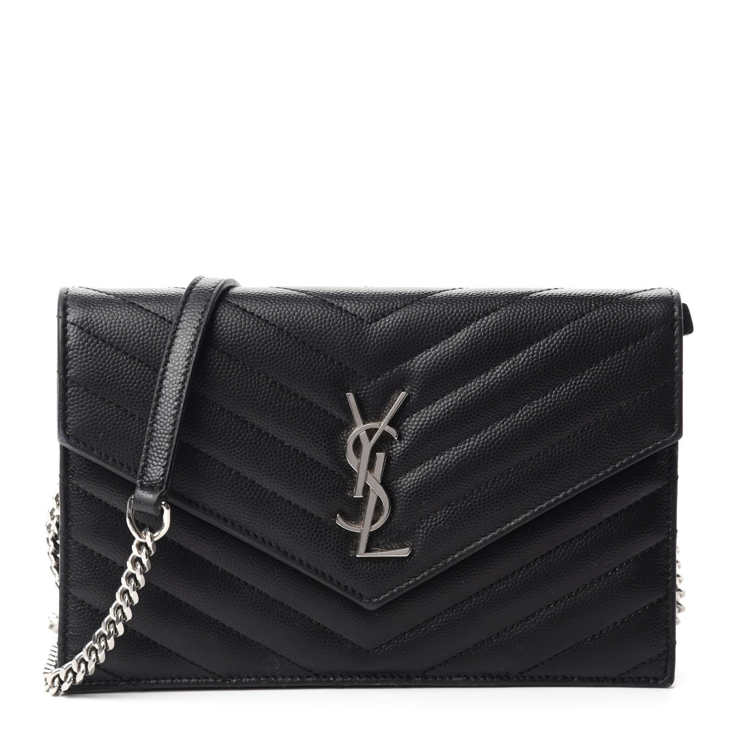 Saint Laurent Grain De Poudre Matelasse Chevron Monogram Envelope Chain Wallet Black 1 of 11