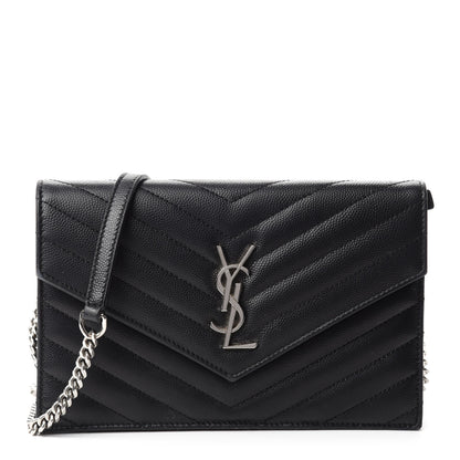 Saint Laurent Grain De Poudre Matelasse Chevron Monogram Envelope Chain Wallet Black 1 of 11