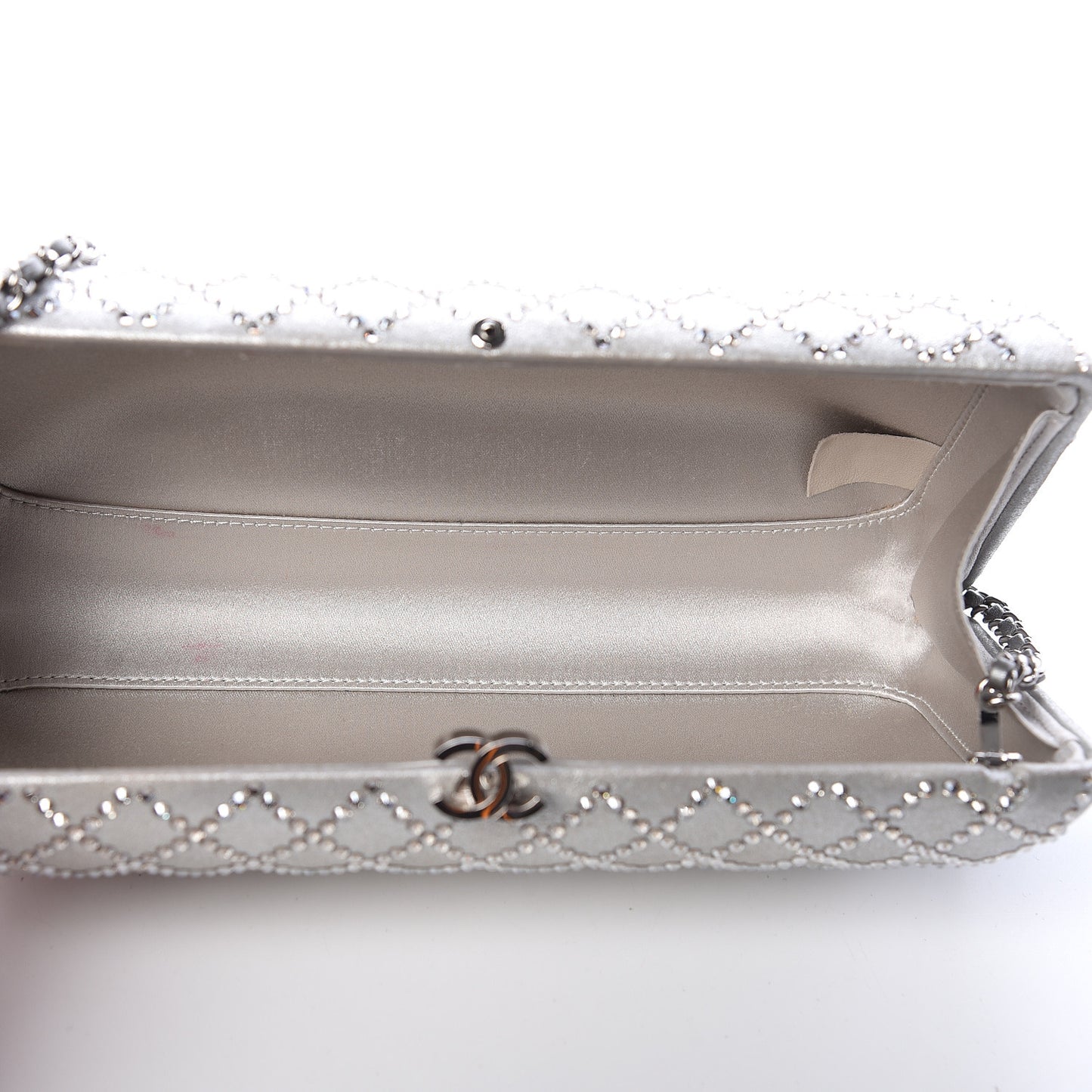 Iridescent Lambskin Crystal Quilted Clutch Silver