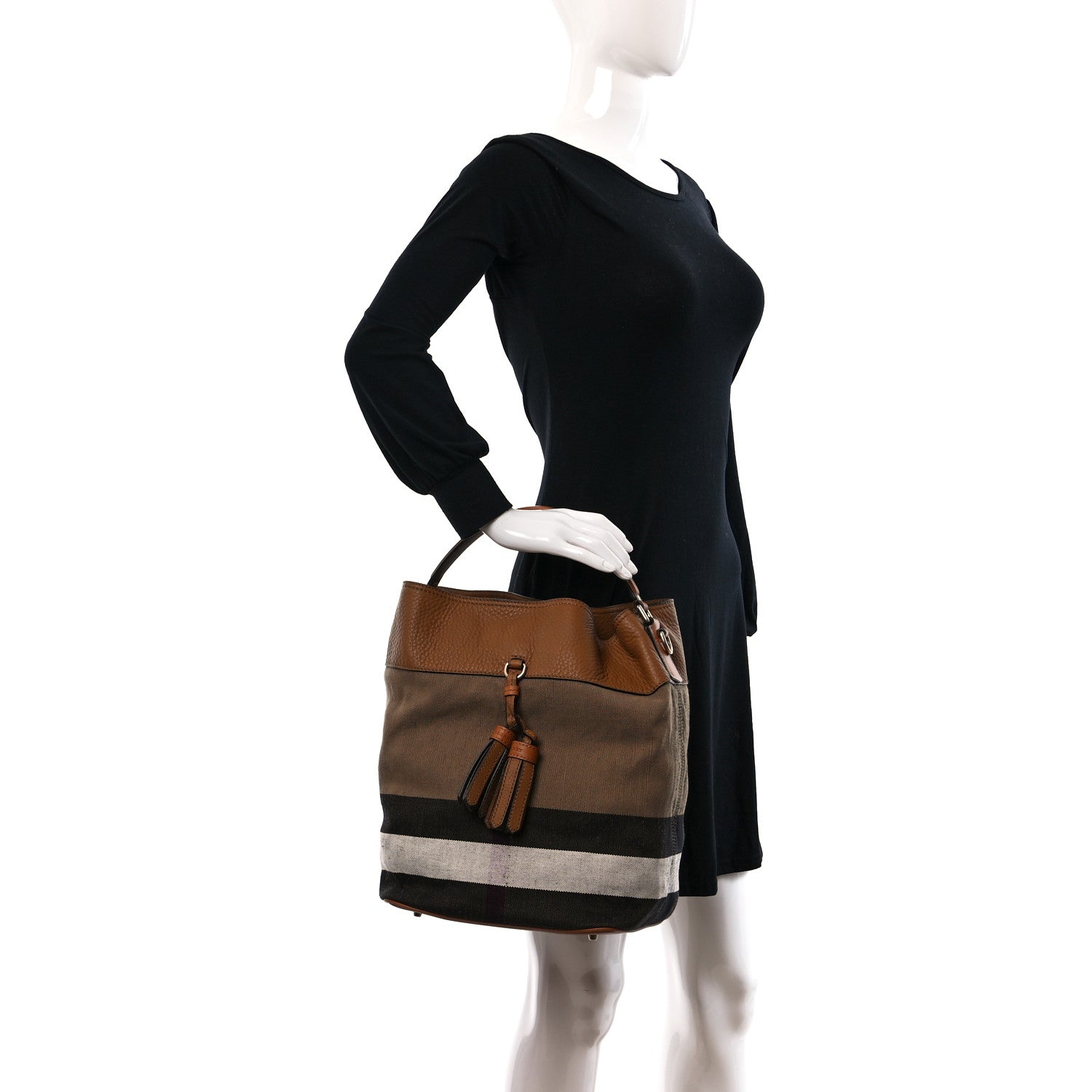 Burberry Grainy Calfskin Canvas Mega Check Medium Ashby Tassel Hobo Saddle Brown 2 of 13