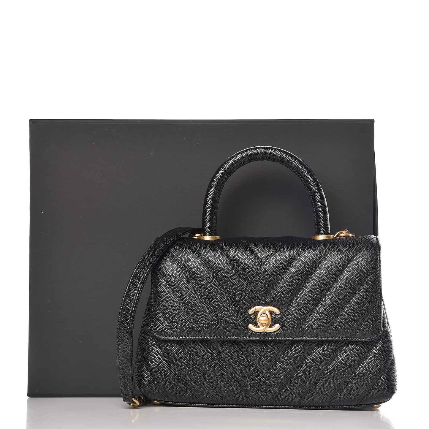 Caviar Chevron Quilted Mini Coco Handle Flap Black