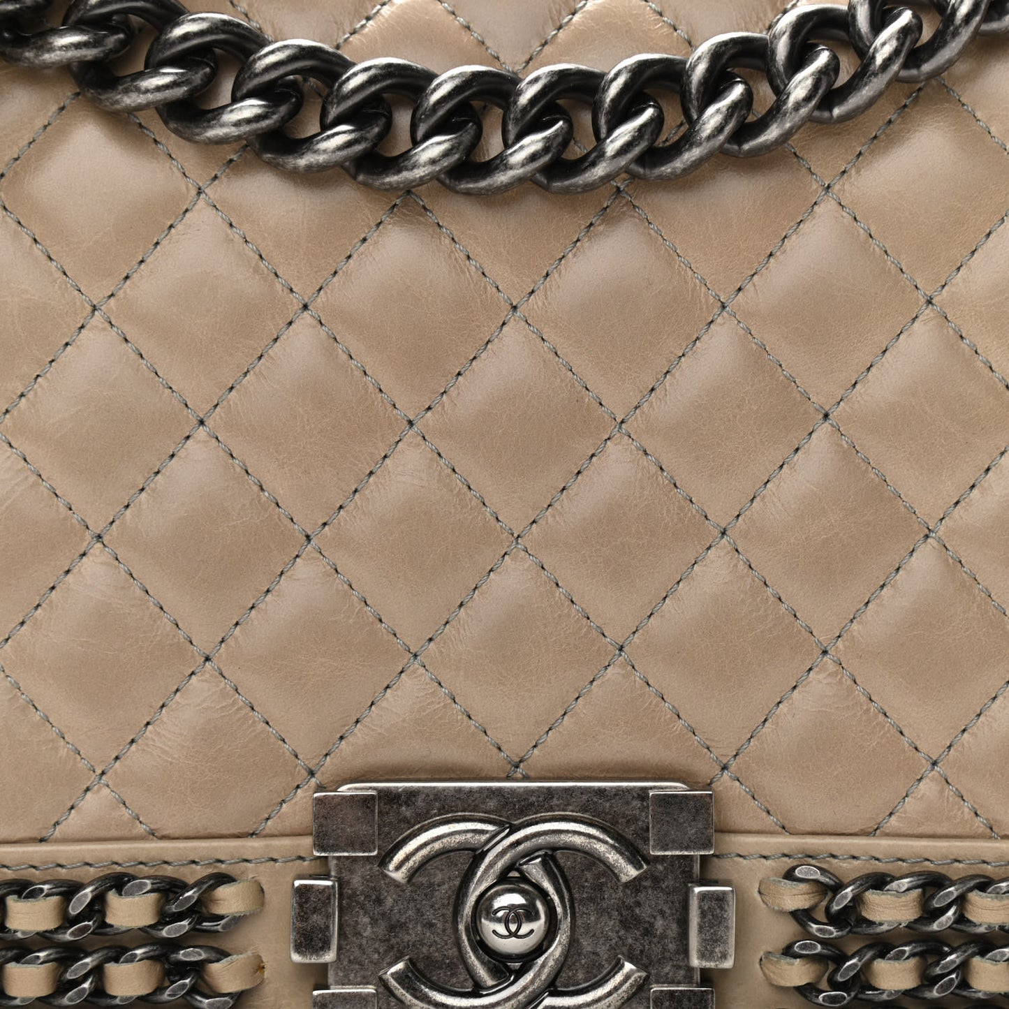 Glazed Calfskin Quilted Medium Boy Chained Flap Beige