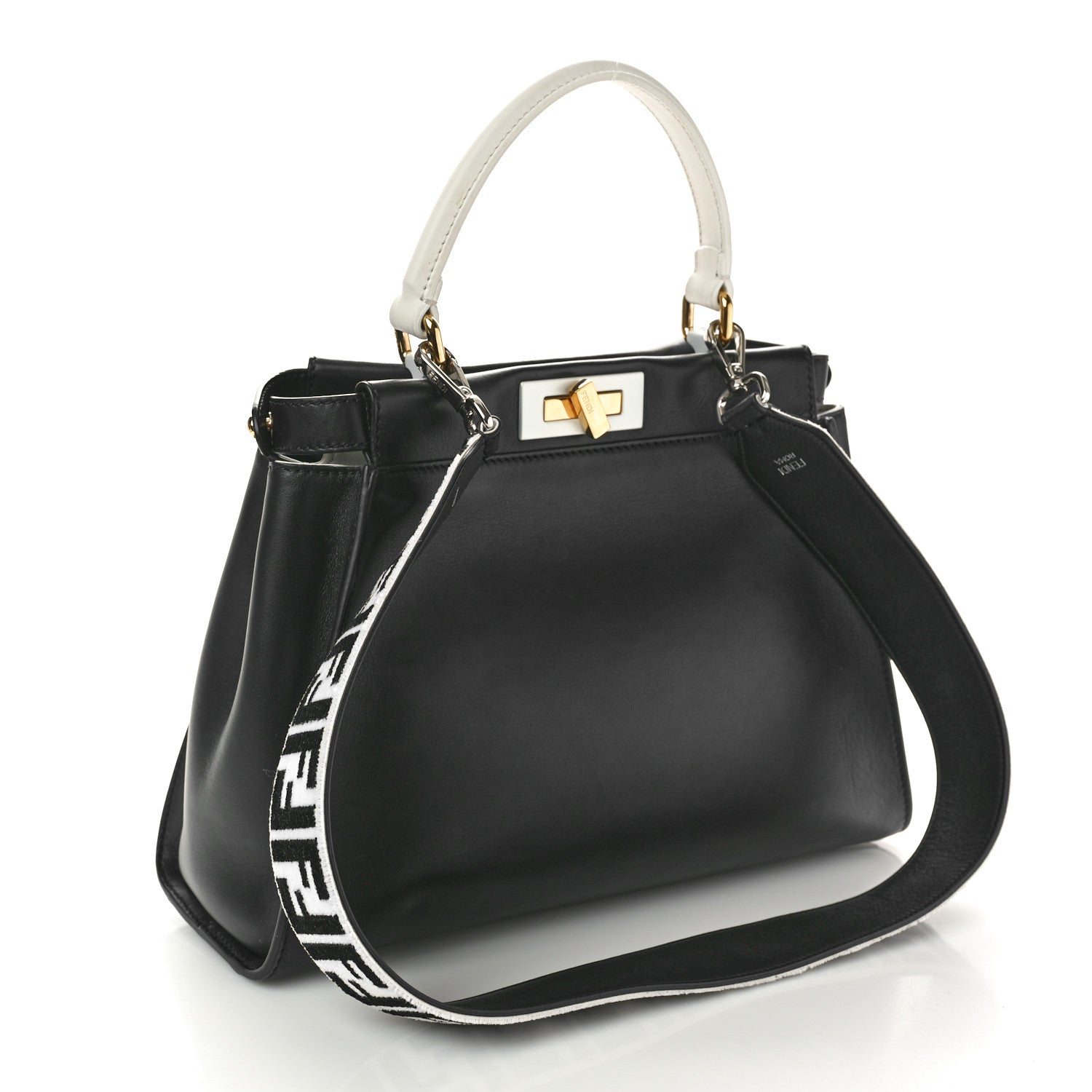 Fendi Vitello Century Velvet F is Fendi FF Medium Peekaboo Iconic Satchel Black White 3 of 12