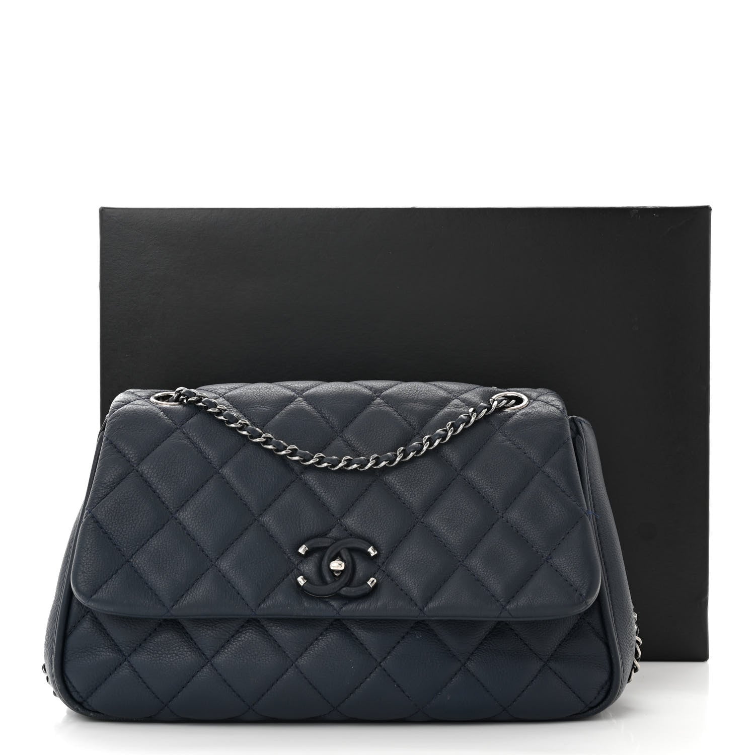 Chanel Calfskin Quilted Medium Frame In Chain Flap Navy 13 of 13