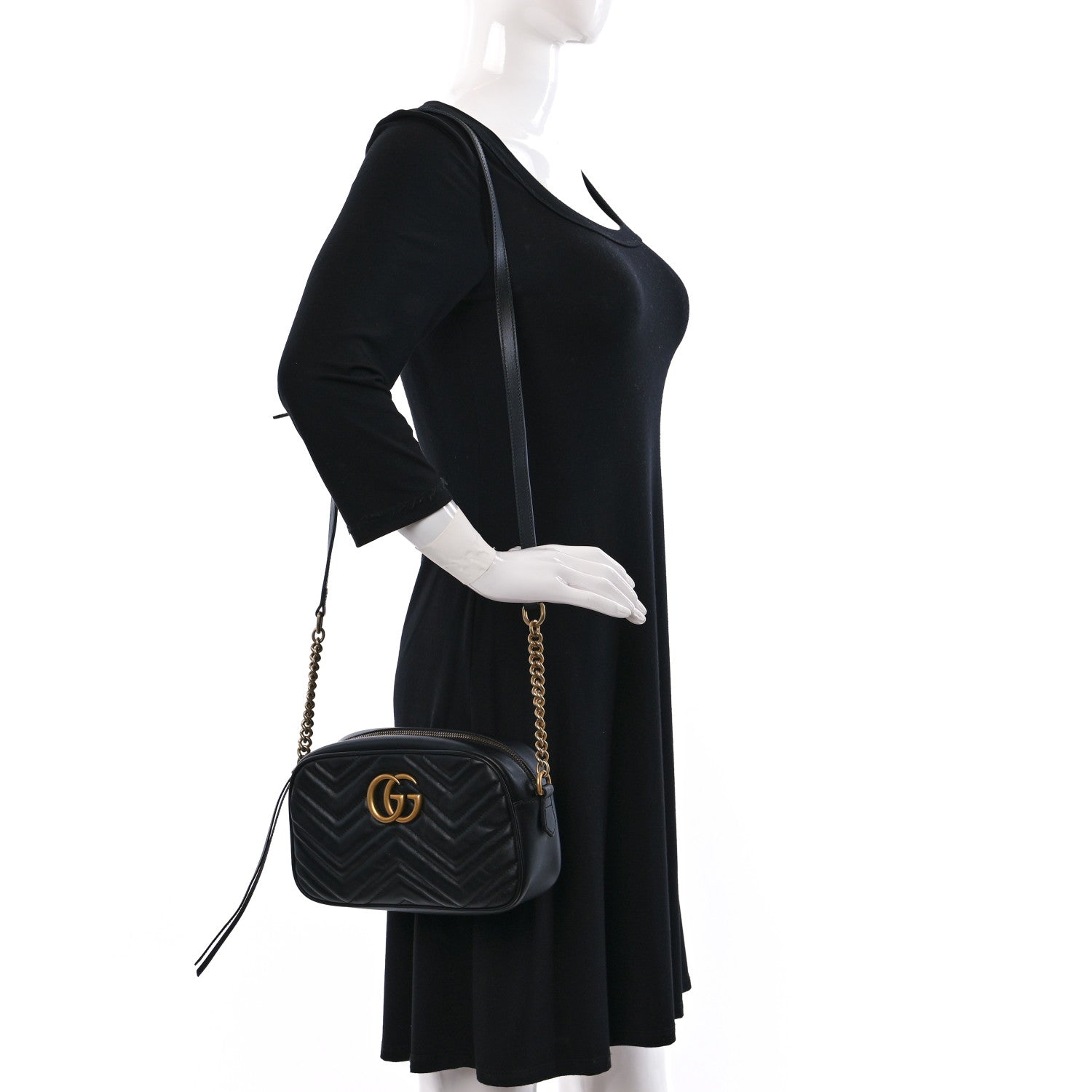 Gucci Calfskin Matelasse Small GG Marmont Chain Shoulder Bag Black 2 of 9