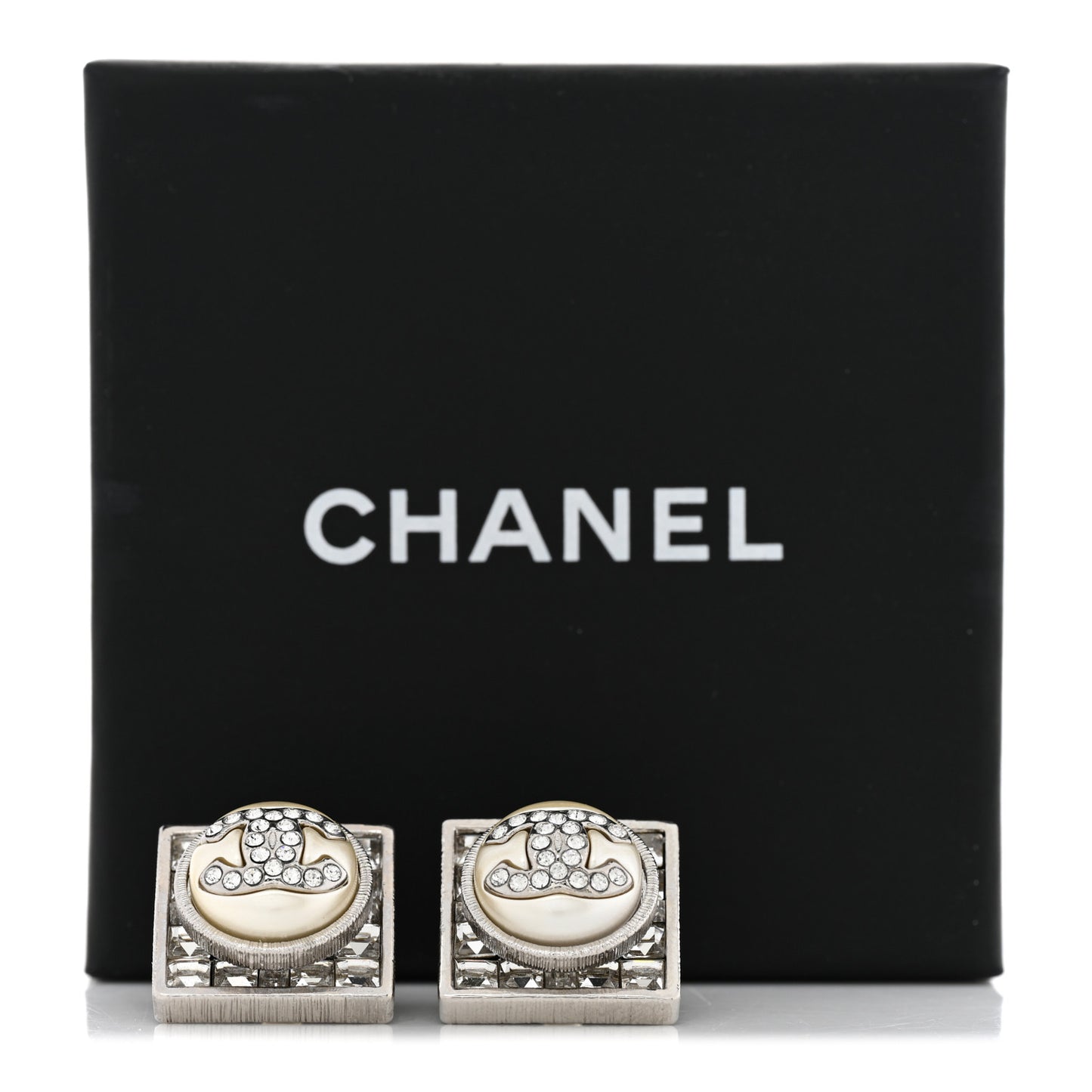 Pearl Baguette Crystal CC Square Earrings Silver White