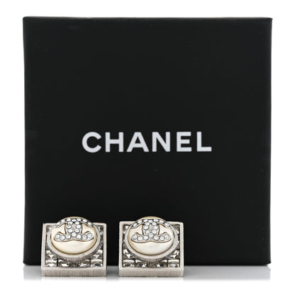 Chanel Pearl Baguette Crystal CC Square Earrings Silver White 5 of 5