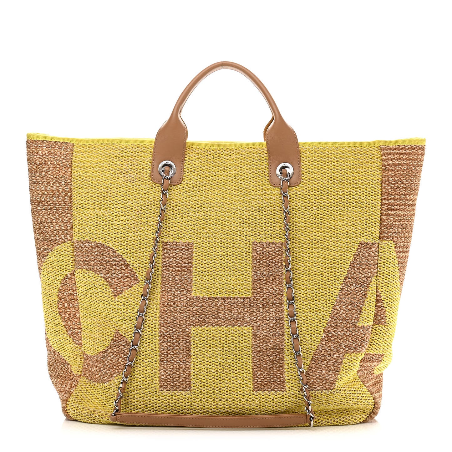 Mixed Fibers Large Shopping Bag Yellow Brown