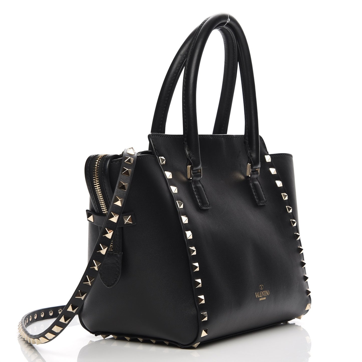 Vitello Small Rockstud Double Handle Tote Black