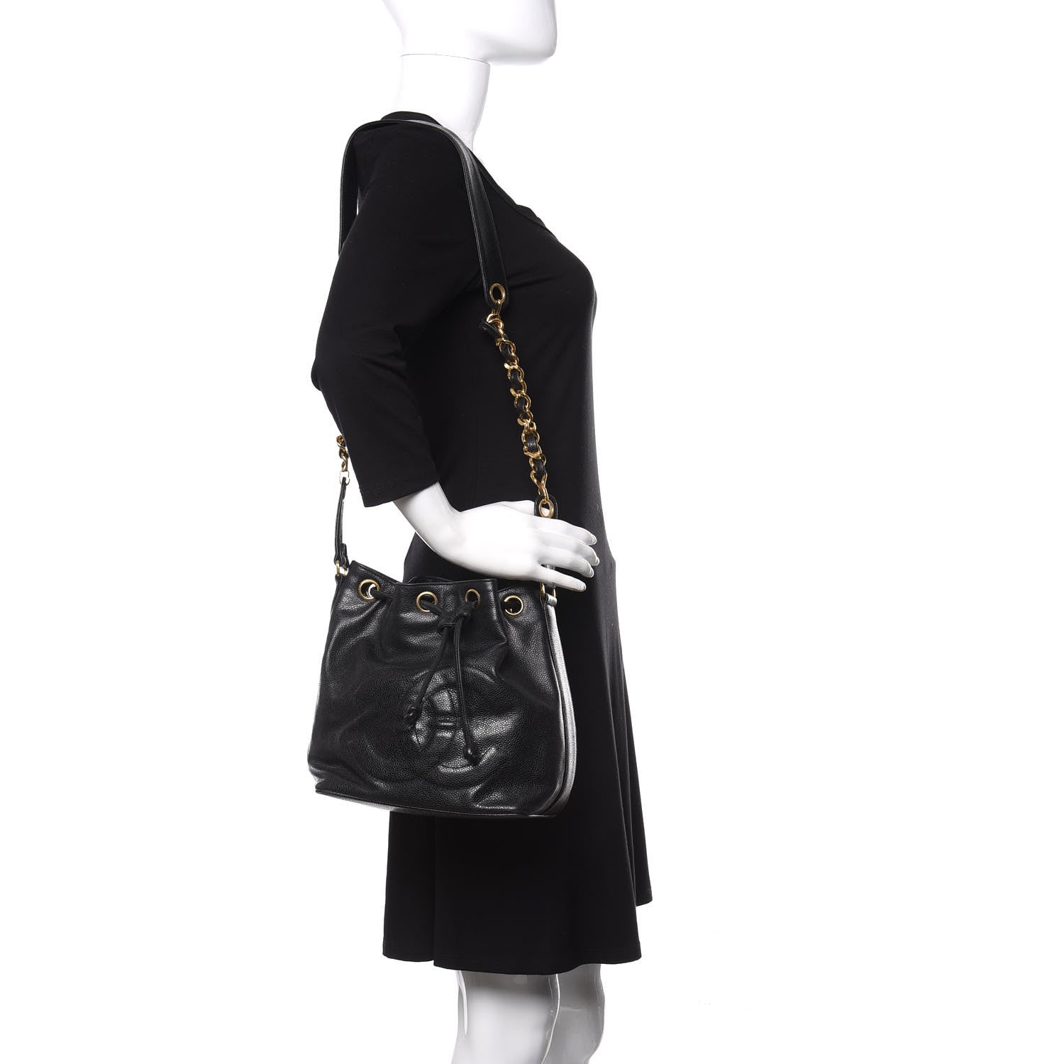 Chanel CC Stitched Drawstring Bucket Bag Black 2 of 12