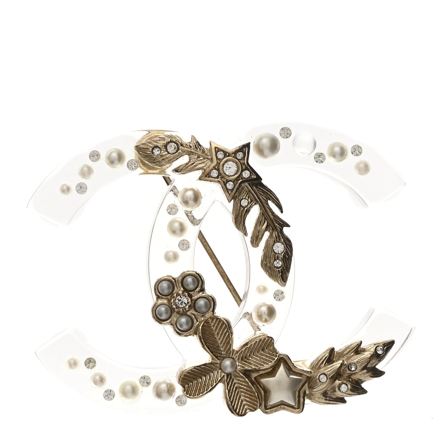 Chanel Resin Pearl Crystal CC Brooch Transparent Gold 1 of 4