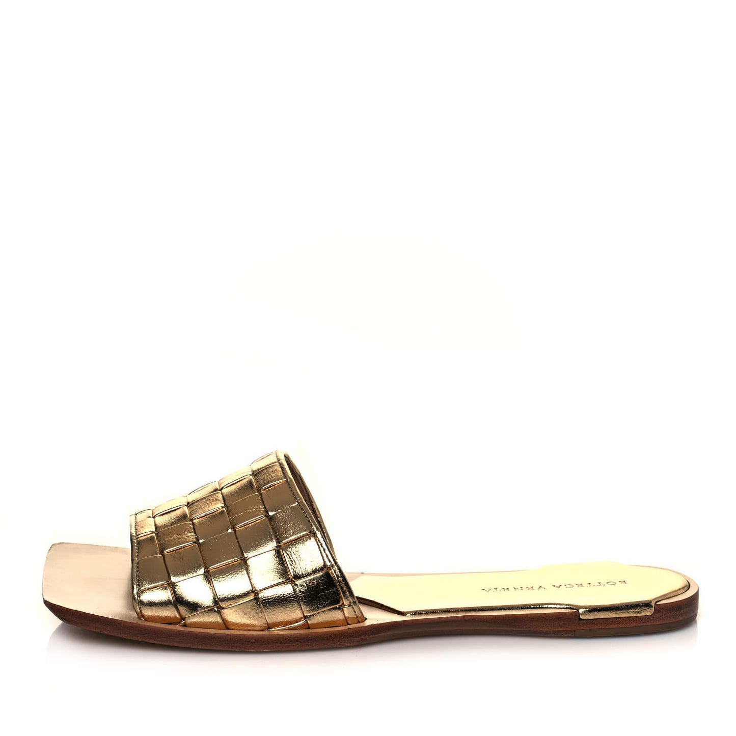 Laminated Nappa Intrecciato Squared Toe Flat Sandals 41 Gold