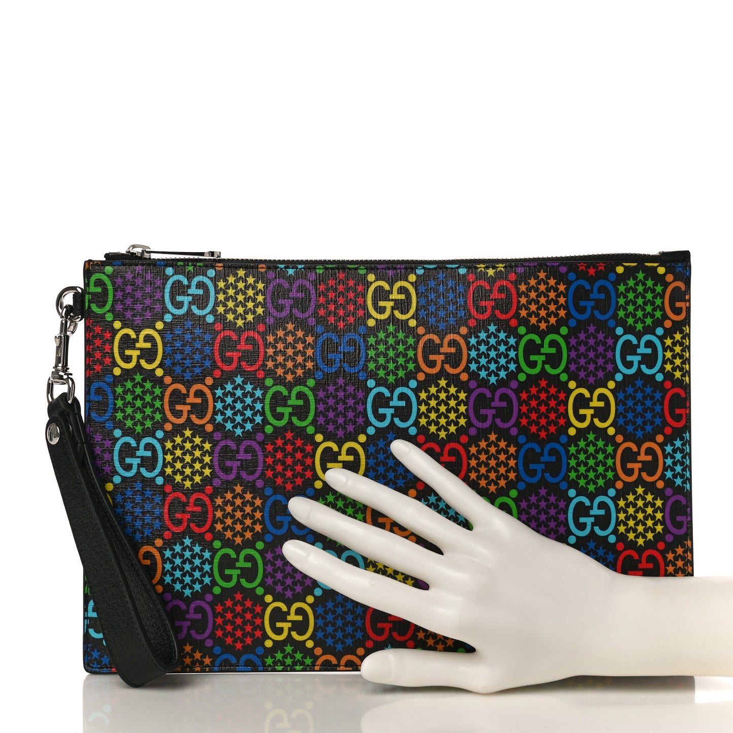 GG Supreme Monogram Psychedelic Zip Wristlet Pouch Black Multicolor