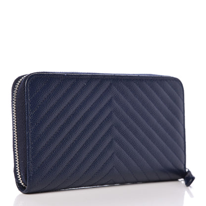 Chanel Caviar Chevron Quilted Small Zip Around Wallet Navy 3 of 10