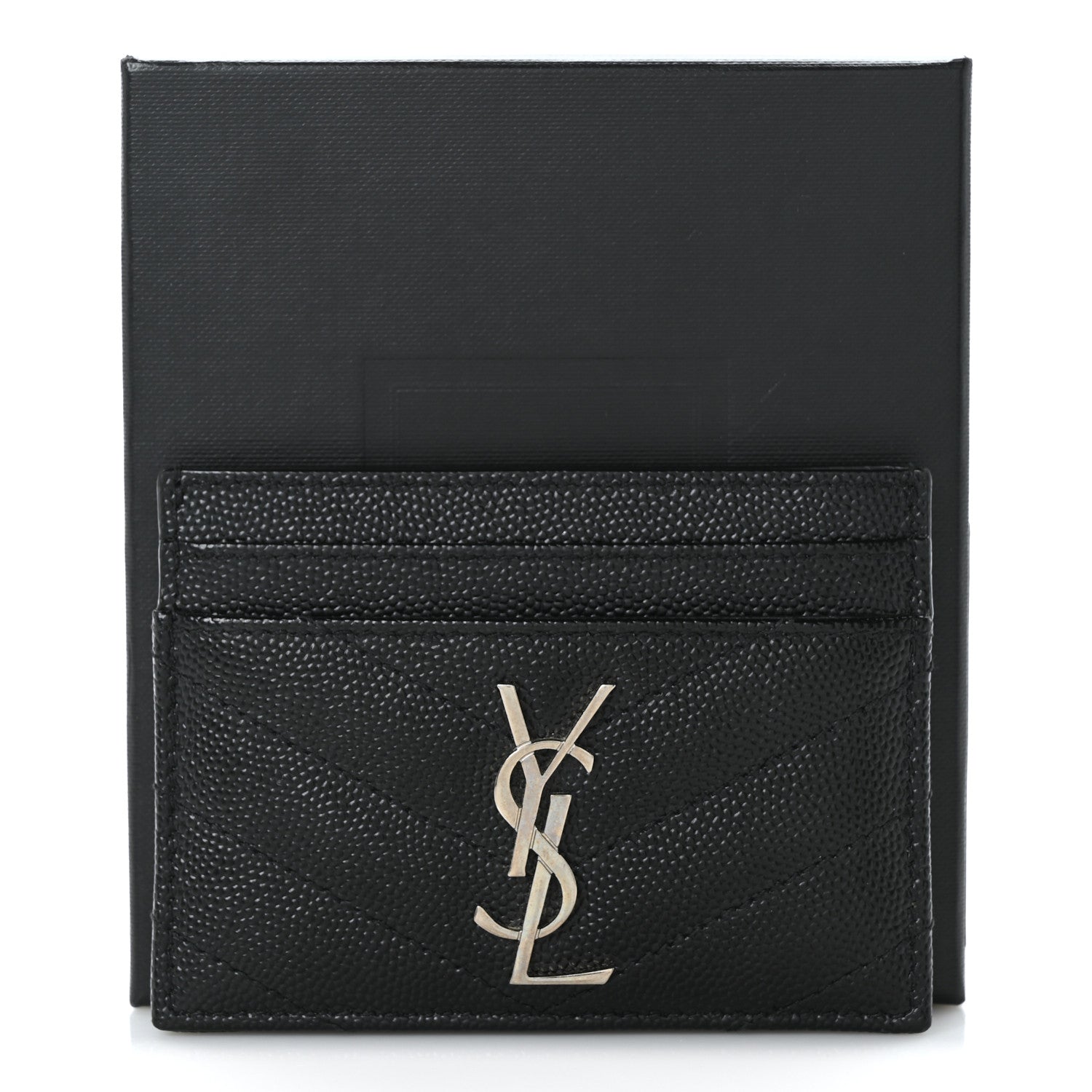 Saint Laurent Grain De Poudre Matelasse Chevron Monogram Credit Card Case Black 8 of 9