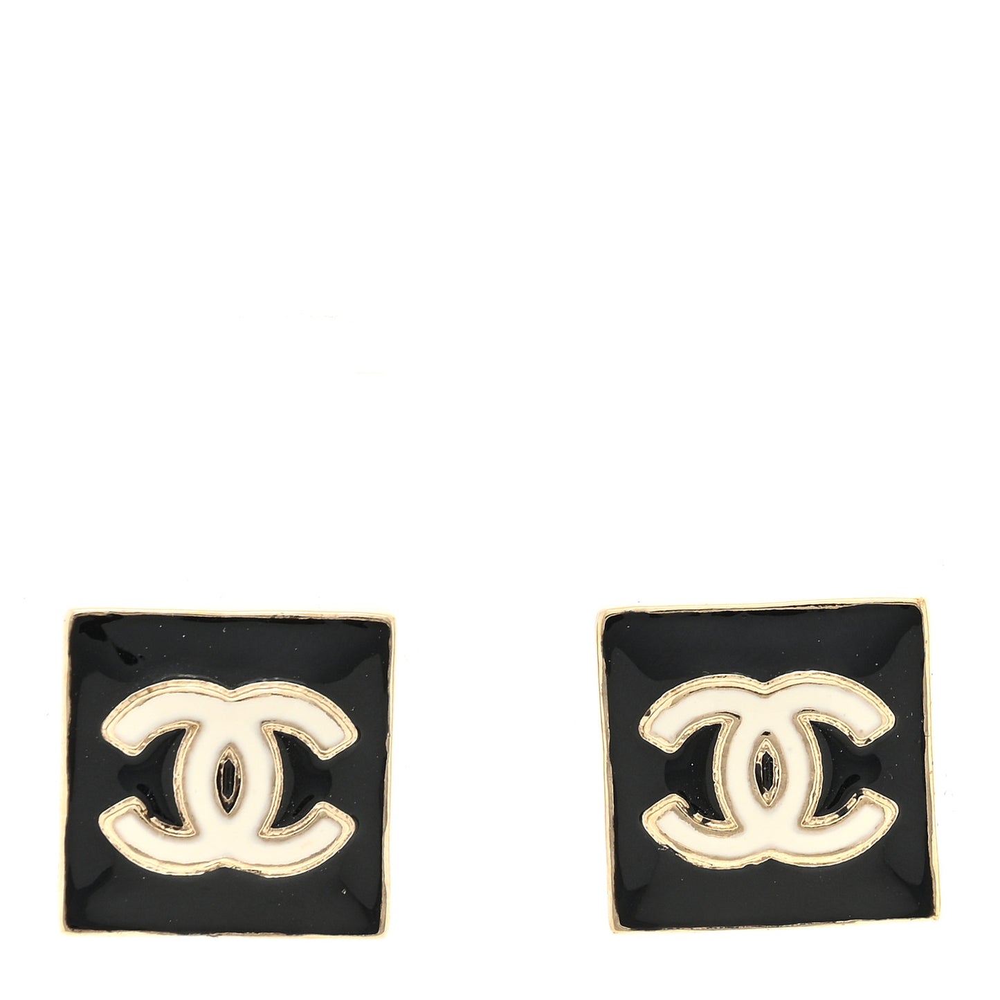 Metal Enamel CC Square Earrings Gold Black White