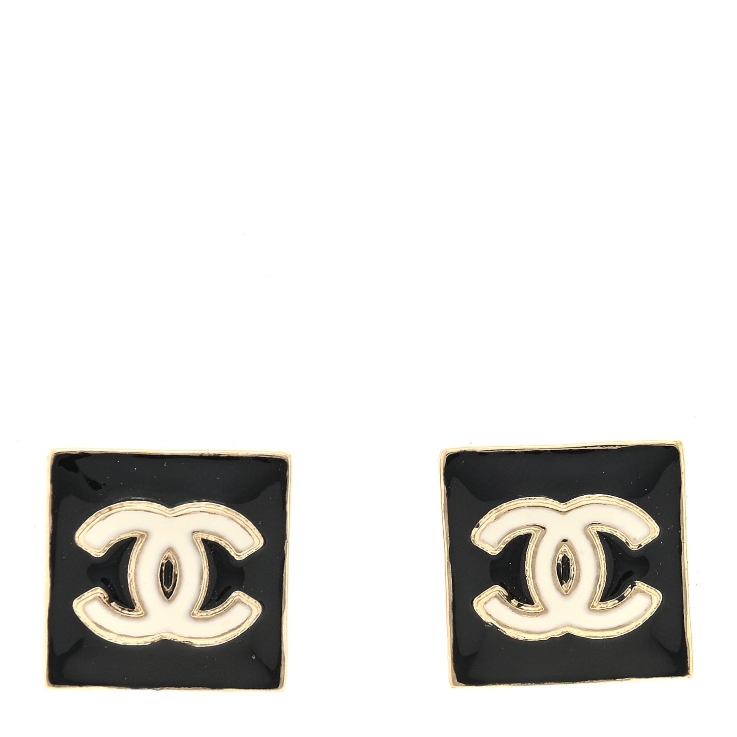 Chanel Metal Enamel CC Square Earrings Gold Black White 1 of 4