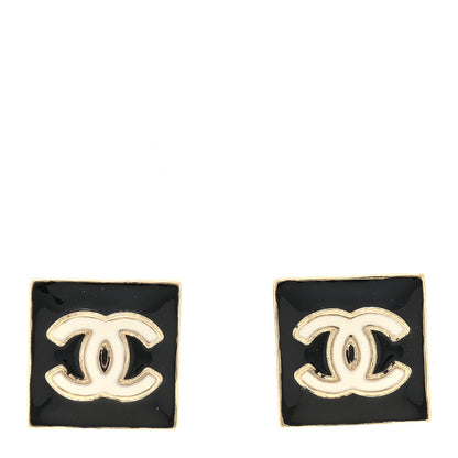 Chanel Metal Enamel CC Square Earrings Gold Black White 1 of 4