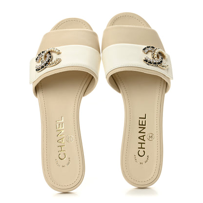 Chanel Lambskin Pearl Crystal CC Mules Sandals 36 Light Beige White 2 of 11
