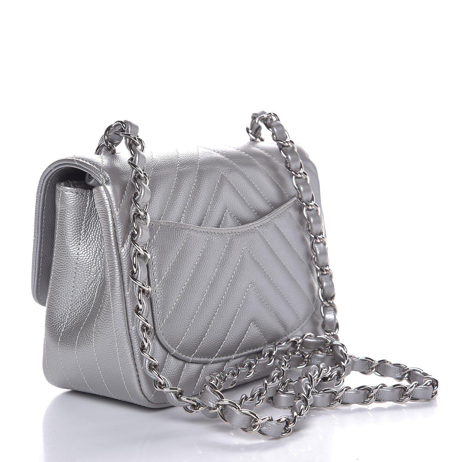 Chanel Metallic Caviar Chevron Quilted Mini Square Flap Silver 3 of 8