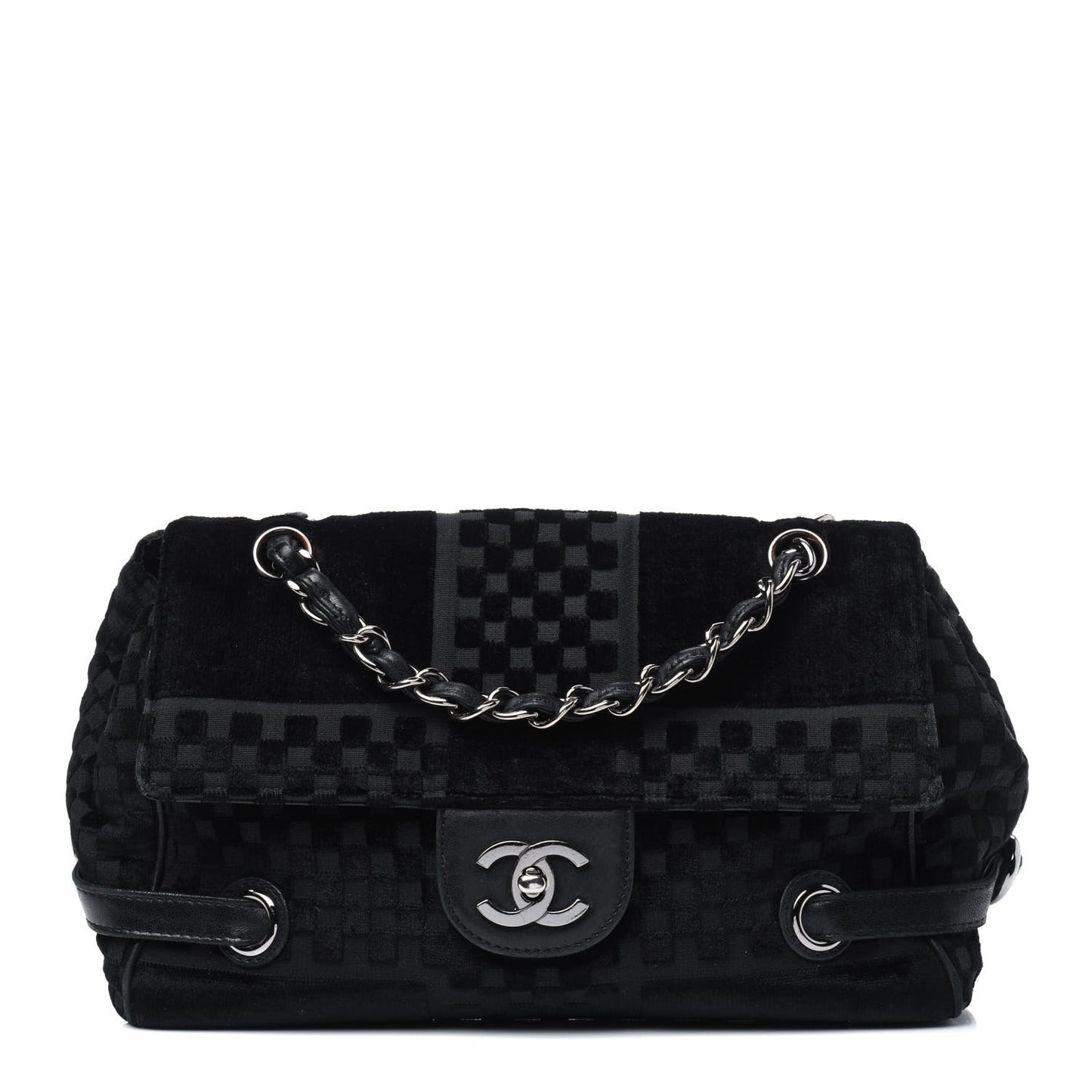Velvet Checkered Flap Bag Black