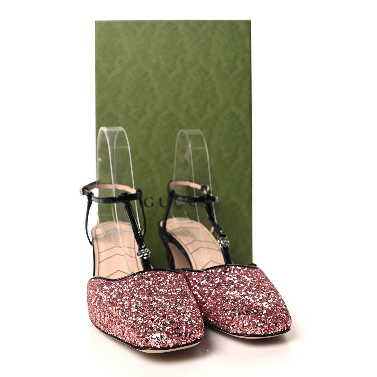 Calfskin Glitter Double G 55mm Slingback Pumps 38 Black Pink Glitter