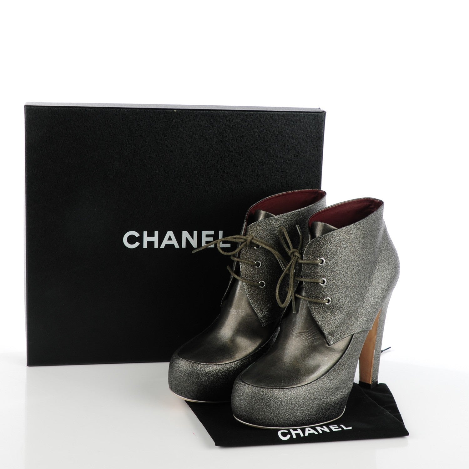 Chanel Metallic Leather Lace Up Booties 40 Kaki 6 of 10