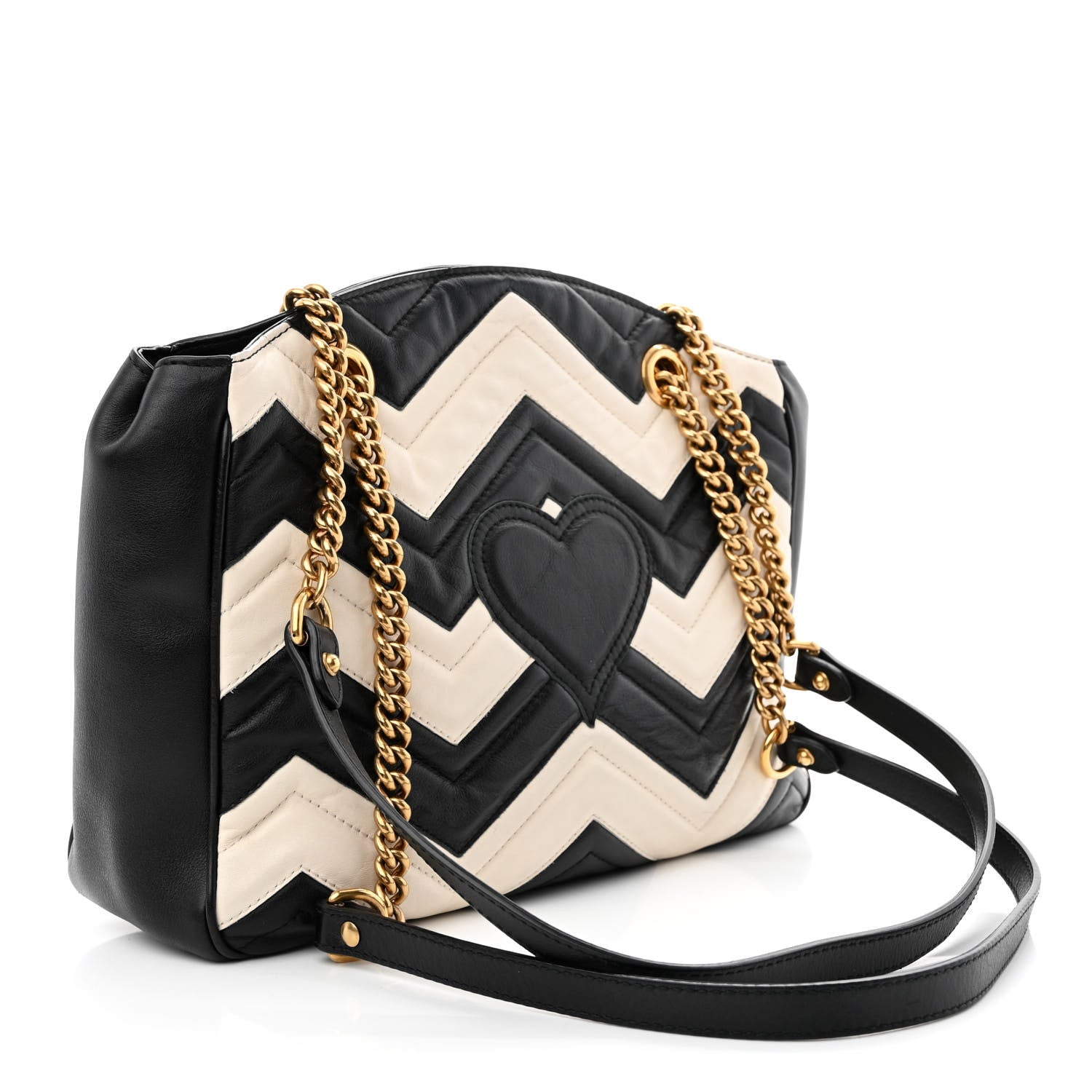 Gucci Calfskin Matelasse Medium GG Marmont Open Top Shoulder Bag Black White 5 of 13