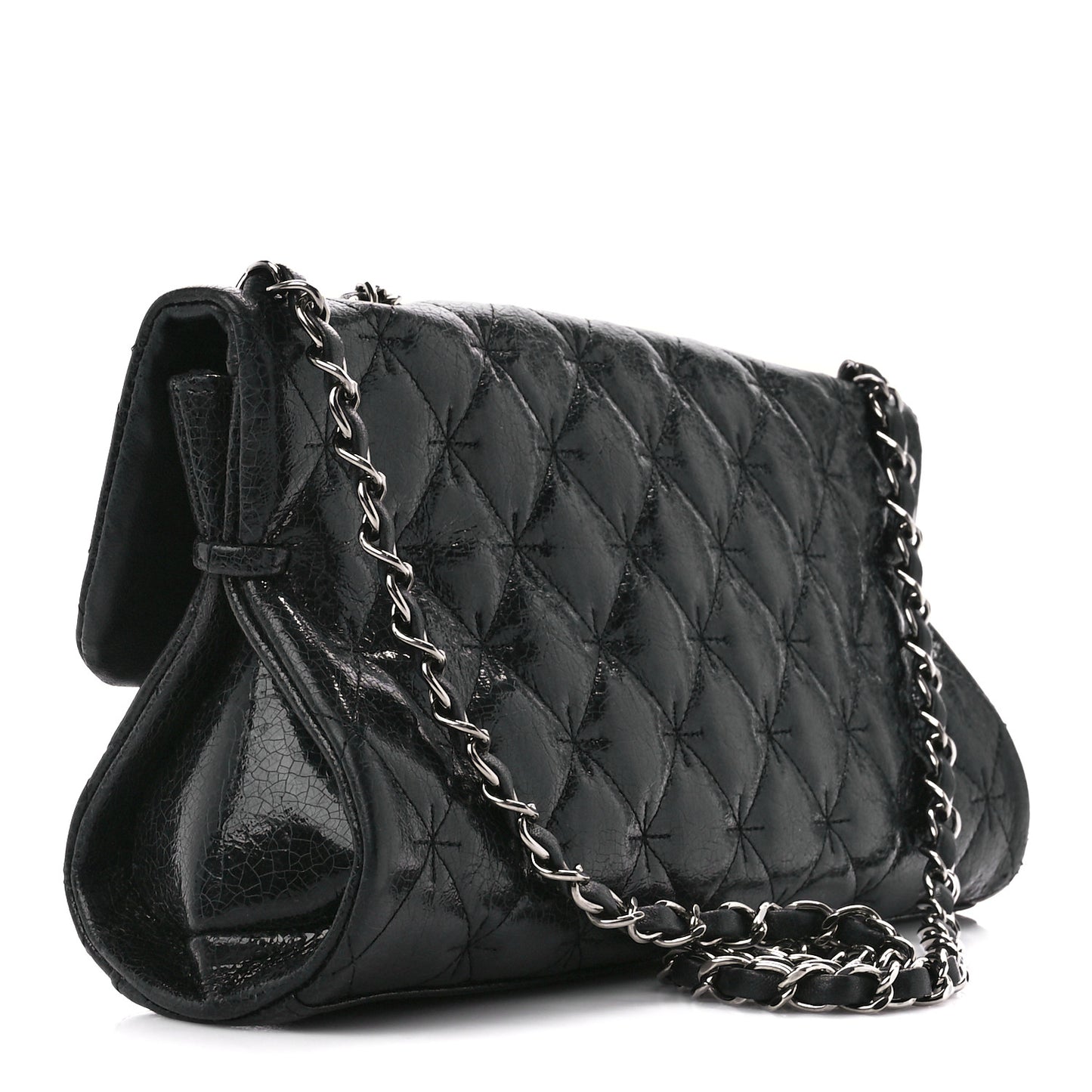 Glazed Crackled Calfskin Mademoiselle Flap Black