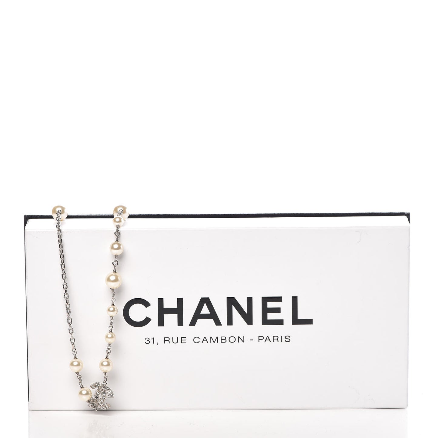 Pearl Baguette Crystal CC Long Necklace Silver