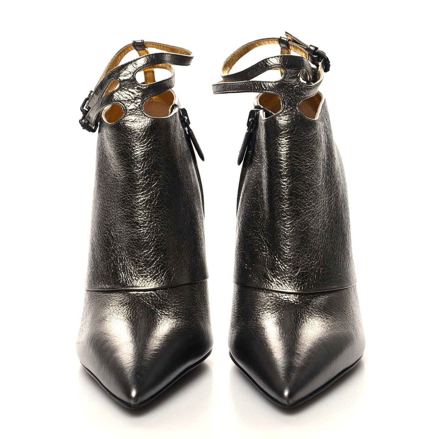 Metallic Calfskin Ankle Strap High Heel Booties 35 Antique Silver