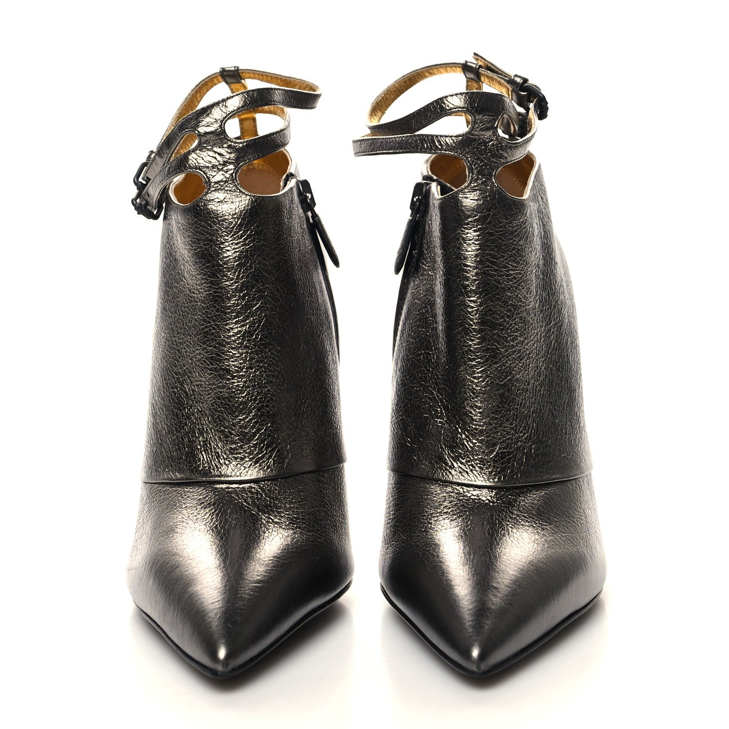 Bottega Veneta Metallic Calfskin Ankle Strap High Heel Booties 35 Antique Silver 2 of 7