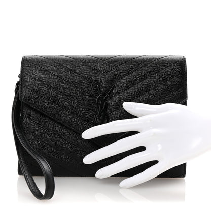 Saint Laurent Grain De Poudre Matelasse Chevron Monogram Monochrome Envelope Clutch Black 2 of 7