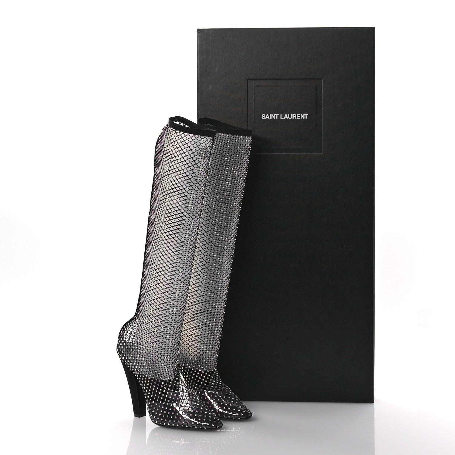 Saint Laurent Mesh Crystal Suede Koller 110 Knee High Boots 38.5 Black 8 of 10