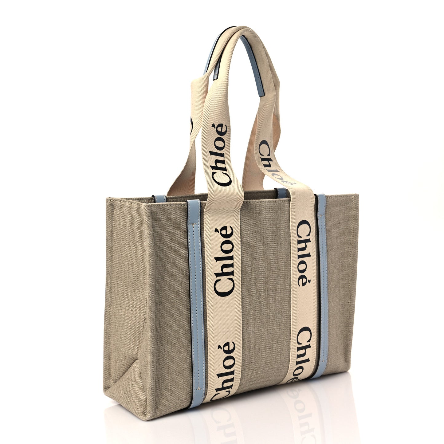 Linen Calfskin Medium Woody Ribbon Tote White Light Blue
