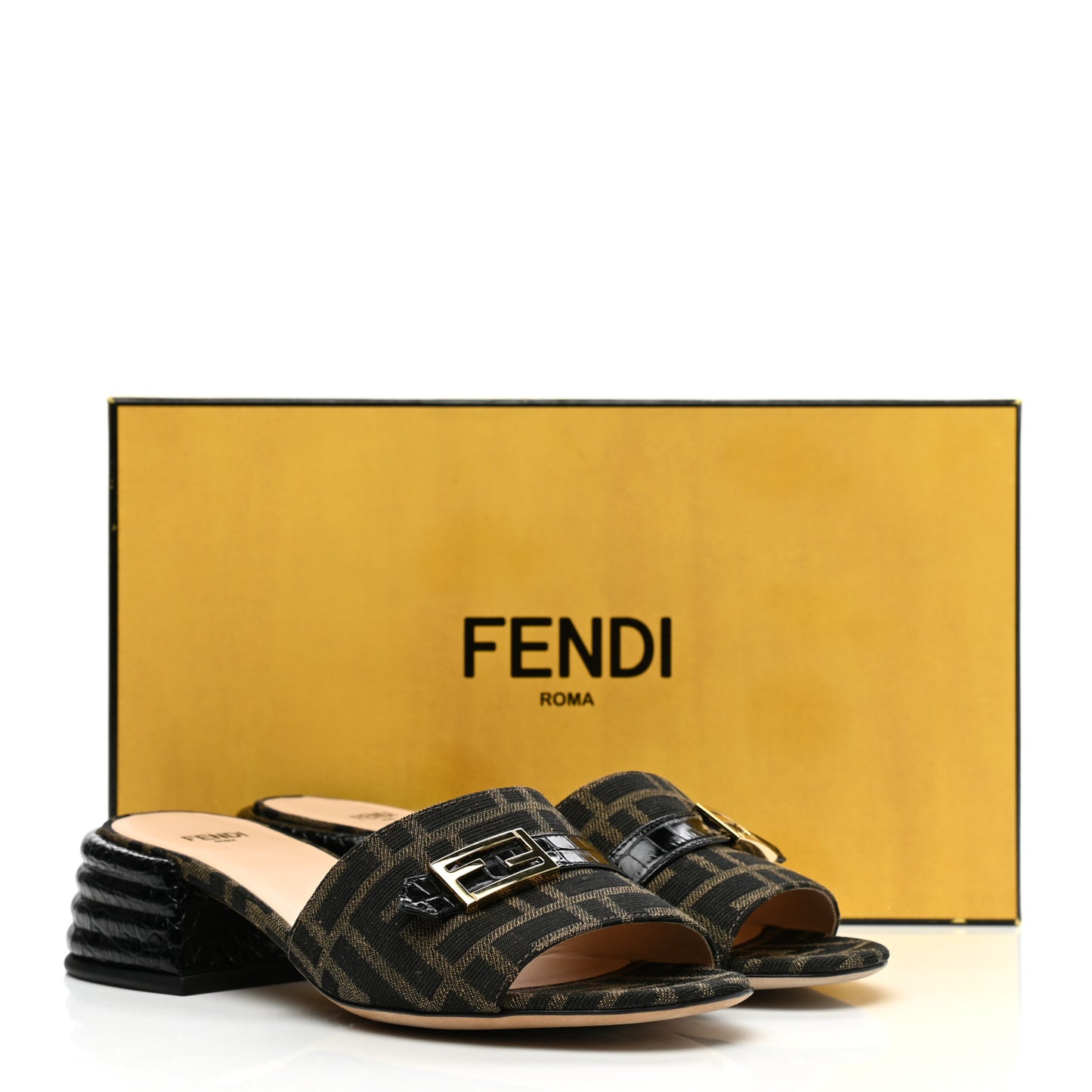 Jacquard Calfskin FF Crocodile Embossed Promenade Slide Sandals 36 Tobacco Moro Black