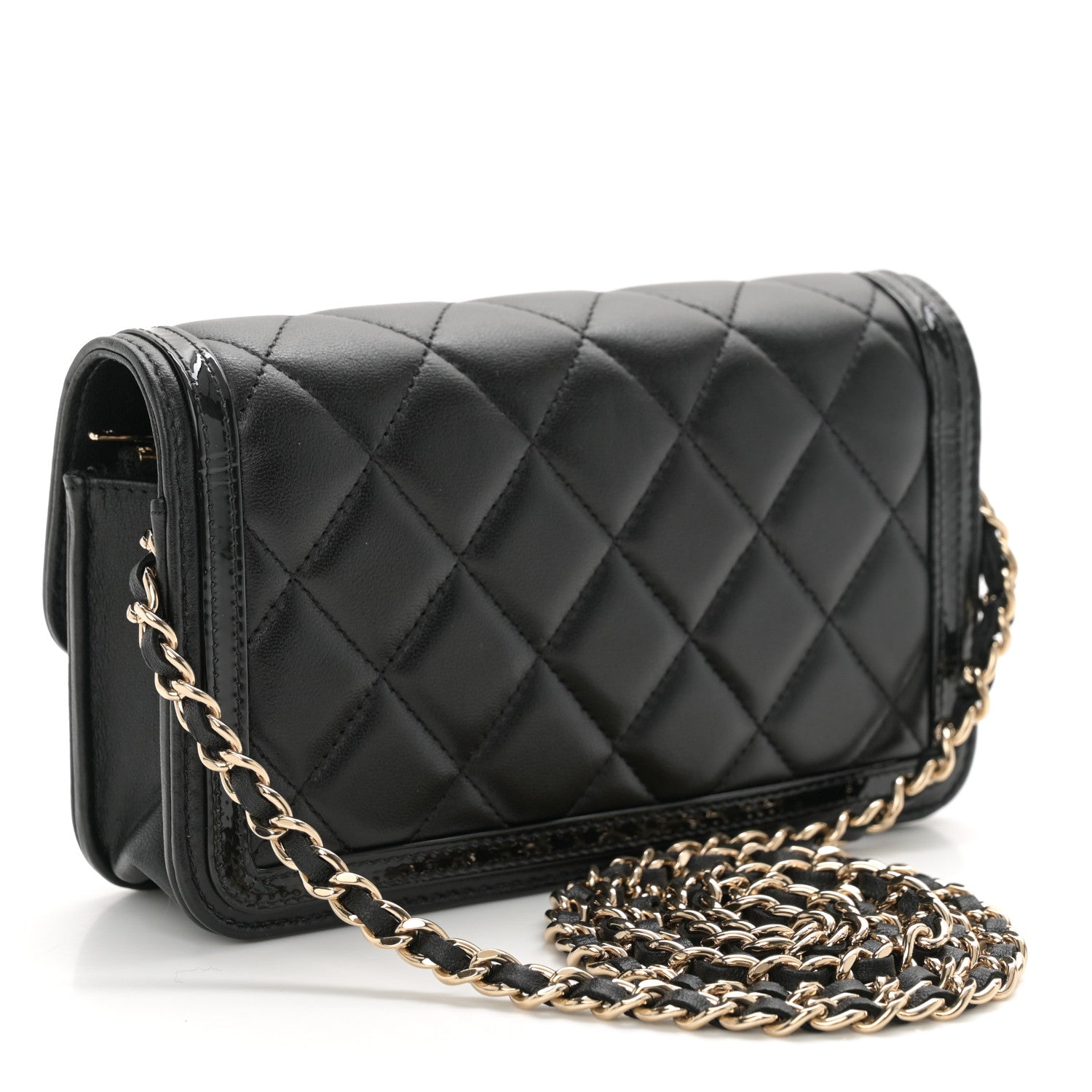 Chanel Lambskin Patent Calfskin Quilted Flap Phone Holder With Chain Black 3 of 11