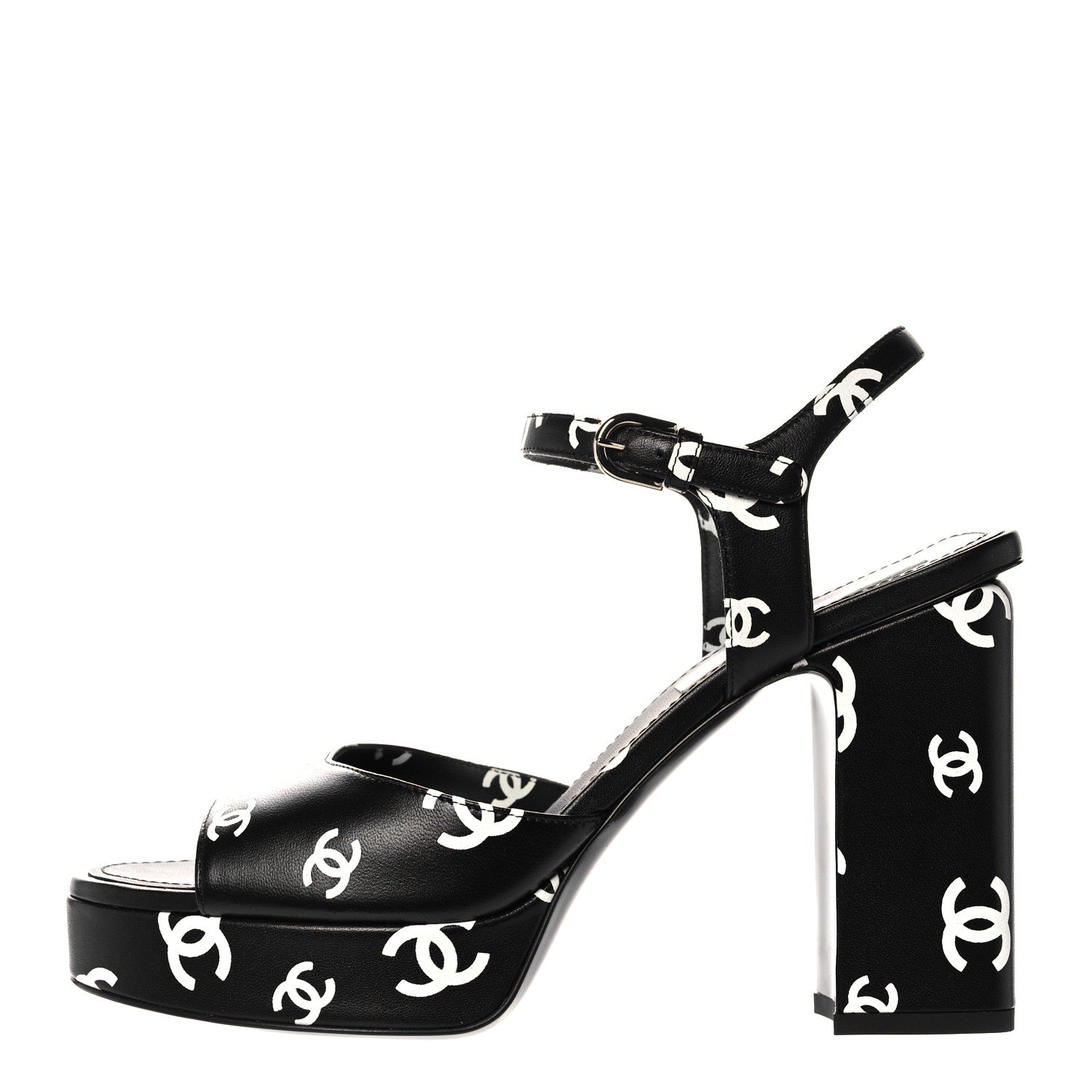 Chanel Printed Lambskin Coco Beach Platform Sandals 39 Black White 1 of 9
