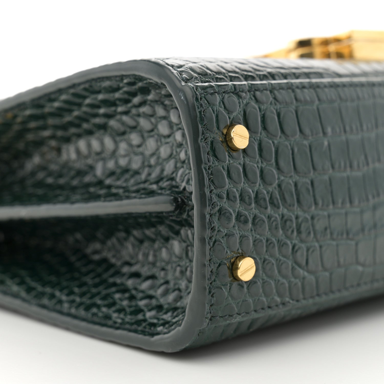 Saint Laurent Calfskin Crocodile Embossed Mini Classic Monogram Cassandra Top Handle Green 9 of 11